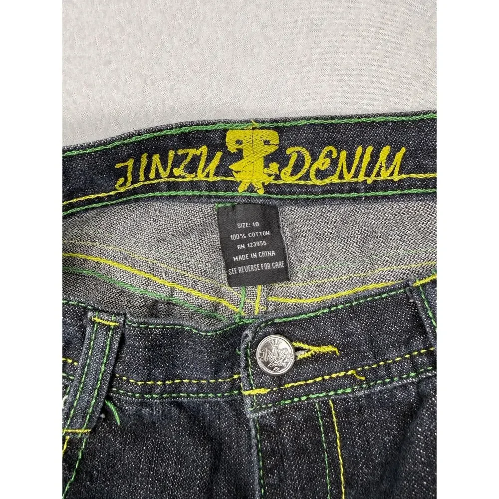 Jinzu Denim Size 18 Black Long Denim Shorts Embroidered Baggy Y2K Jorts